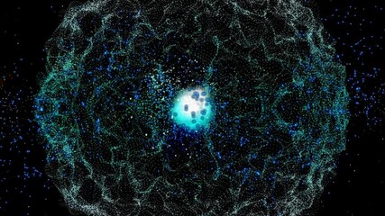 Colorful abstract DNA helix with atomic particles and streaks rising against a dark futuristic background - Powered by Adobe