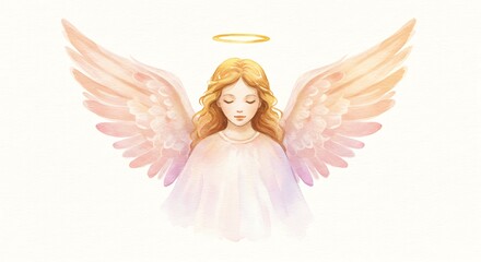 Watercolor illustration of a serene angel with golden halo and outstretched wings, depicted with soft, ethereal colors.
