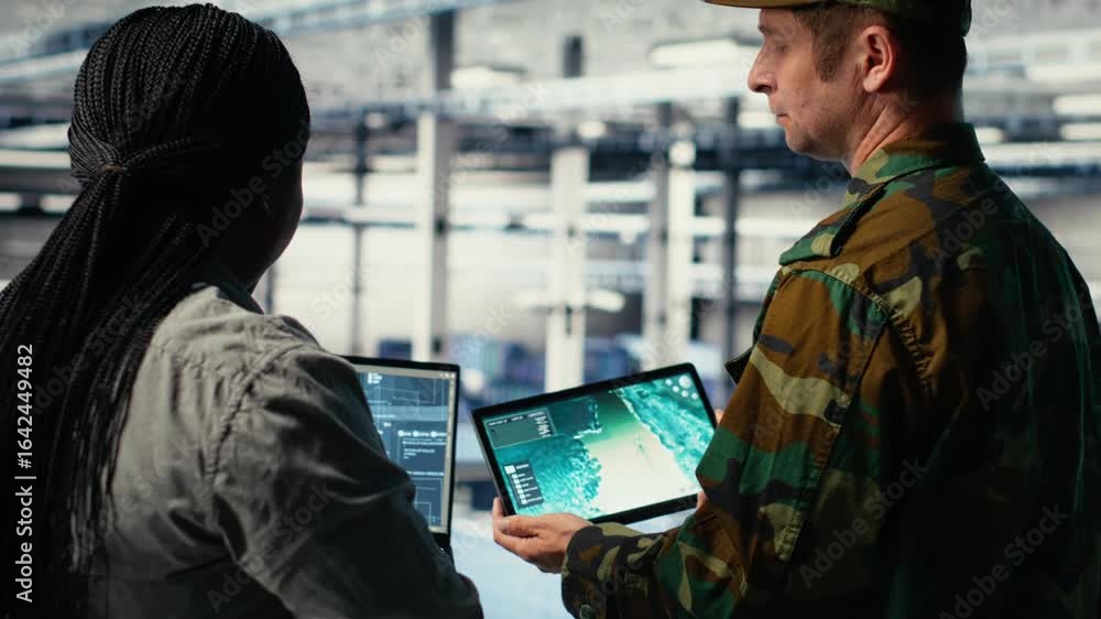 Poster army commander and software developer in data center integrating ai into radar systems for missile t