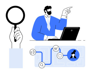 Fototapeta na wymiar Professional analyzing customer journey map using laptop and magnifying glass. Ideal for marketing, customer experience, analytics, leadership, decision-making, problem-solving, research, simple flat