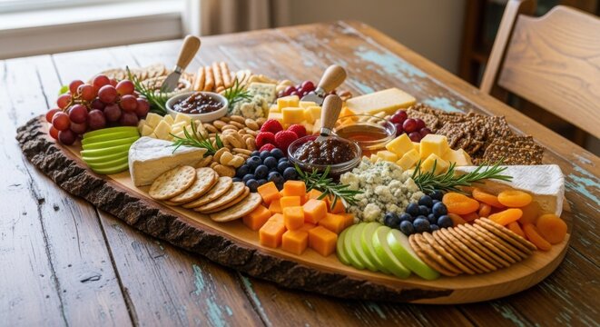 Rustic cheese board with assorted cheeses, fruits, crackers, nuts, and dips. - Powered by Adobe