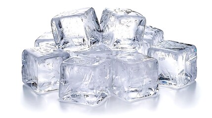 Obraz premium Close-up shot of ice cubes arranged in pyramid formation on seamless white surface, photographed with 50mm prime lens, focus on crisp geometric shapes and light refraction with soft studio lighting