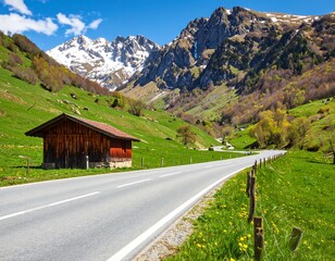 Scenic mountain road with wooden chalet