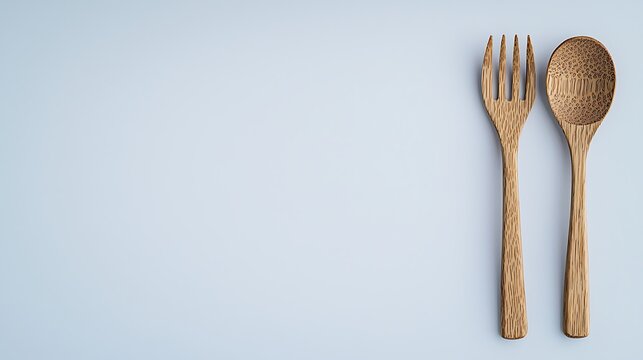 Close-up of wooden spoon and fork placed parallel on seamless white surface, captured with 50mm prime lens, soft natural lighting emphasizing smooth texture and organic wood patterns