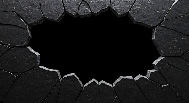 Concept of a dramatic breakthrough with a cracked black stone wall creating a dark central hole for copy space