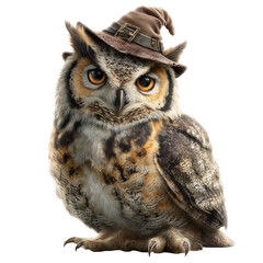 Obraz premium Owl wearing witch hat adds whimsical touch to Halloween with its enchanting gaze and detailed feathers. hat rustic charm complements owl natural beauty