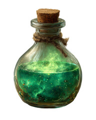 Mystical potion glows with eerie green light in glass bottle sealed with cork, perfect for Halloween magic and mystery. swirling liquid seems to hold secrets of supernatural