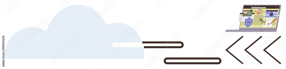 Poster cloud representing storage, laptop displaying charts, security elements. ideal for technology, data 