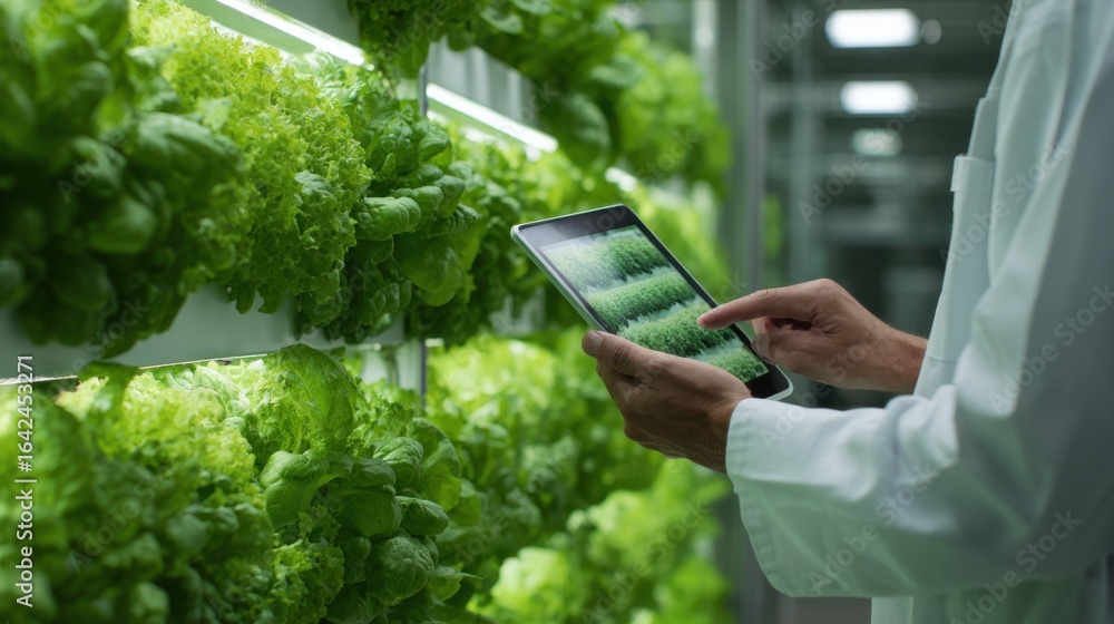 Poster medium shot capturing a student scanning realtime data on a tablet next to a flourishing hydroponic 