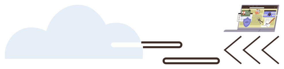 Cloud representing storage, laptop displaying charts, security elements. Ideal for technology, data management, file sharing, cloud security, online storage backups integration concepts. A simple