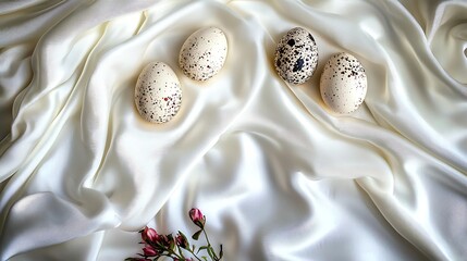 Close-up of three quail eggs positioned in neat triangle on white seamless backdrop, captured with 50mm lens, emphasizing delicate speckled patterns and balanced composition with soft lighting