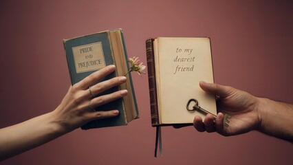 Hands exchanging books, pride and prejudice and to my dearest friend, with a key, against a pink background