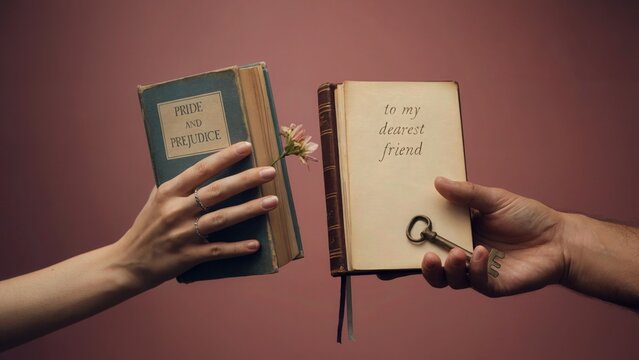 Hands exchanging books, pride and prejudice and to my dearest friend, with a key, against a pink background