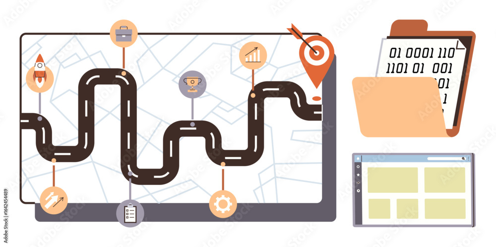 Aufkleber winding road map with milestones, icons for goals, and a target, accompanied by folder with binary d