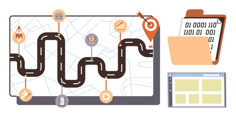 Winding road map with milestones, icons for goals, and a target, accompanied by folder with binary data and webpage layout. Ideal for planning, navigation, tech, strategy, progress tracking business