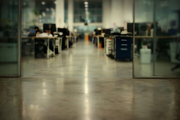 Fototapeta premium Blurry Office Interior with Concrete Floor and Glass Walls, motion blur Business concept, motion bokeh background