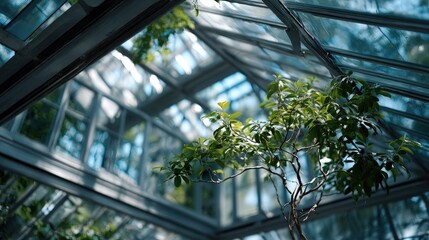 Lush greenery within a glass-roofed conservatory.