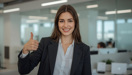 Fototapeta premium Positive female professional showing thumbs up in a modern office setting. Suitable for business presentations or corporate marketing materials.