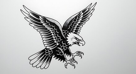 Fototapeta premium Illustration of an eagle with outstretched wings and sharp talons, depicted in a classic tattoo art style with bold lines and shading.