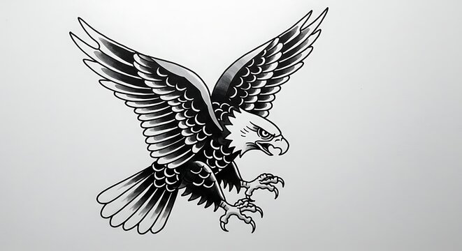 Illustration of an eagle with outstretched wings and sharp talons, depicted in a classic tattoo art style with bold lines and shading.