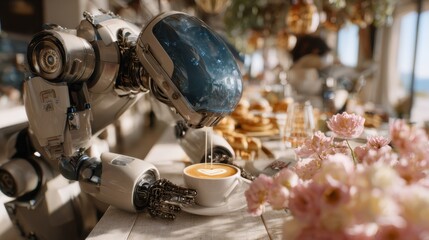 Focused medium shot of a futuristic barista robot creating personalized love inscriptions on coffee foam while the softly blurred engagement guests enjoy their brunch in the
