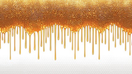 Close-up of honeycomb section with honey slowly dripping, shot with mirrorless camera and 50mm lens, warm golden tones and intricate hexagonal patterns emphasized against white seamless backdrop