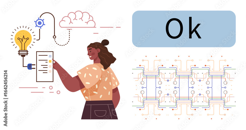 Poster woman analyzing data, idea generation with lightbulb, cloud computing, circuit elements, and text. i