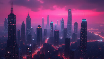 Fototapeta premium Vibrant Pink and Blue Cyberpunk Cityscape