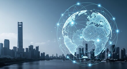 Global network technology connecting a modern cityscape with a futuristic digital earth overlay