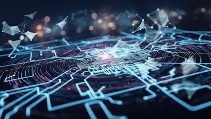 Futuristic digital circuit board with glowing connections and abstract shapes - Powered by Adobe