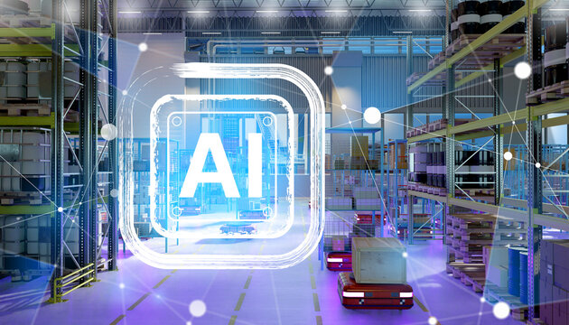 Autonomous robots with AI technology operate in a smart warehouse, optimizing logistics, storage, and inventory management. Logistics, Storage, Artificial Intelligence, Robotics 3d image