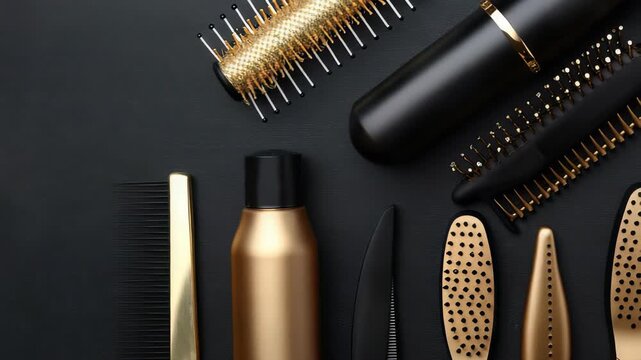 Elegant hair styling collection includes combs, brushes, dryer,, styling product on matte black backdrop. The collection features refined textures in gold, black finishes