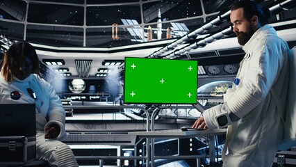 Astronauts in advanced technology spacecraft using green screen monitor updating flight log during routine mission check. Orbit station crew colleagues looking at system diagnostics on mockup display