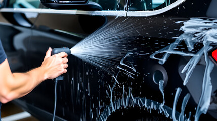 Man blowing off water from freshly washed black car with air. Car wash and detailing service.