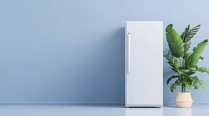 A sleek white modern refrigerator positioned against a light blue wall with a large green houseplant in a woven pot