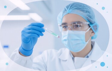 Naklejka premium A dedicated researcher in protective gear closely examines a test tube containing a vibrant green liquid in a sterile laboratory setting.