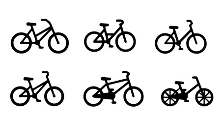 Set of solid black glyph icons of various bicycles, vector pictograms representing the means of transport, simple flat design for modern visual elements.