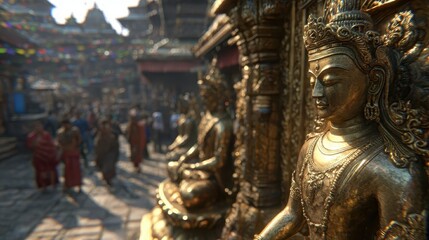 Fototapeta premium Golden statues in a bustling ancient city marketplace.