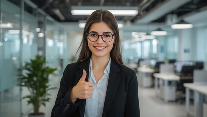 Smiling woman in a suit gives a thumbsup gesture in an office, suitable for business presentations and corporate marketing materials. Dynamic, positive, professional concept.