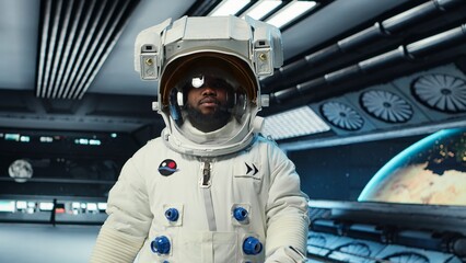 Astronaut wearing helmet inside space station preparing for mission outside, on hostile planetary habitat. Man in starship beginning landing procedures on extraterrestrial planet, camera B