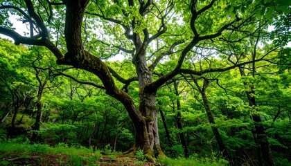 Obraz premium Lush green forest with ancient tree