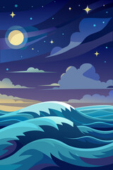 Fototapeta premium Dreamy ocean waves under a celestial night sky with shining stars, perfect for adding a touch of magic and wonder to your project, originally an SVG, now available in PNG format