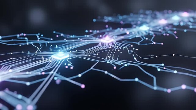 Abstract digital circuit with glowing nodes and connections