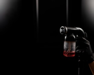 Close-up of instant tanning equipment in the hands of a master. Gun spraying paint for leather...