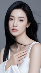 風に髪をなびかせる美しい女性のポートレート