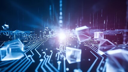 Glowing geometric shapes on a circuit board with binary code - Powered by Adobe