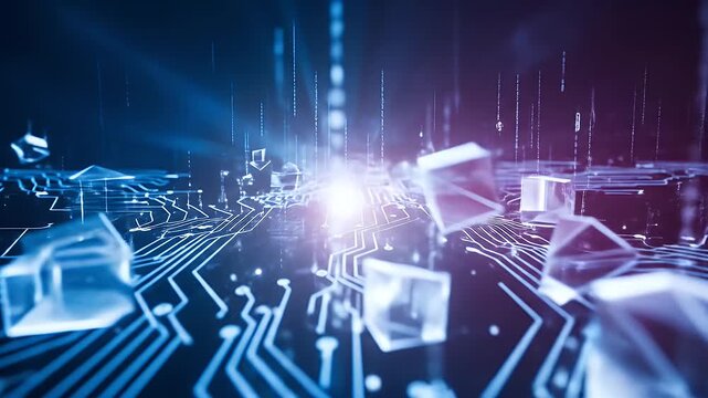 Glowing geometric shapes on a circuit board with binary code - Powered by Adobe