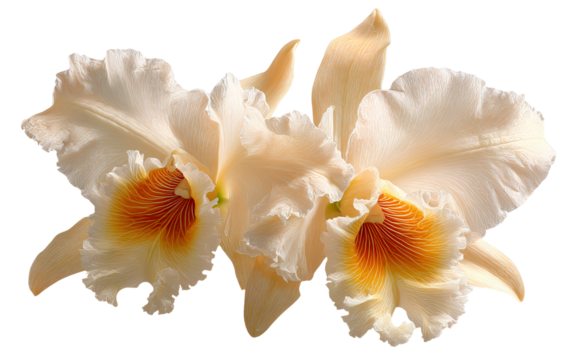 Elegant pale yellow orchid bloom with ruffled petals and orange detail