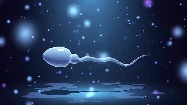 Single spermatozoon swims in dark blue environment with glowing particles and surface reflections