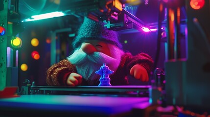 Cartoon Santa Claus prints toys on a 3D printer.